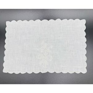 Linen Cocktail Napkins Set of 6 White On White Floral Embroidery 5.5” X 8”
